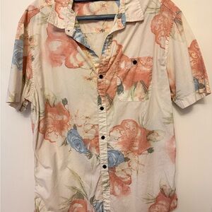 Billabong Men's Floral Casual Button Down Shirt - Peach and Light Blue